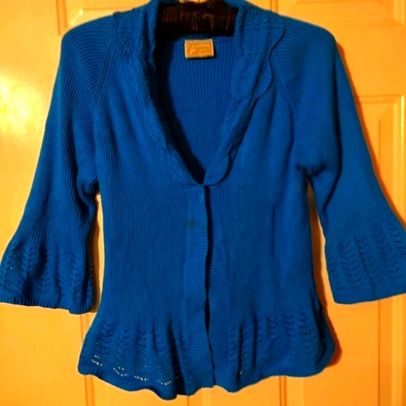 🐦Glorious Vtg 80's Rich Turquoise Crochet Woven Bell Sleeve Cardigan Sweater -S - Picture 14 of 16